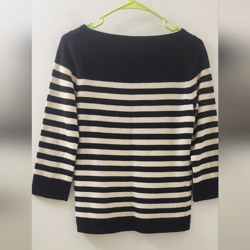 J. Crew Black and Cream Striped Sweater, Size‎ Small, 90% Wool, 10% Cashmere.